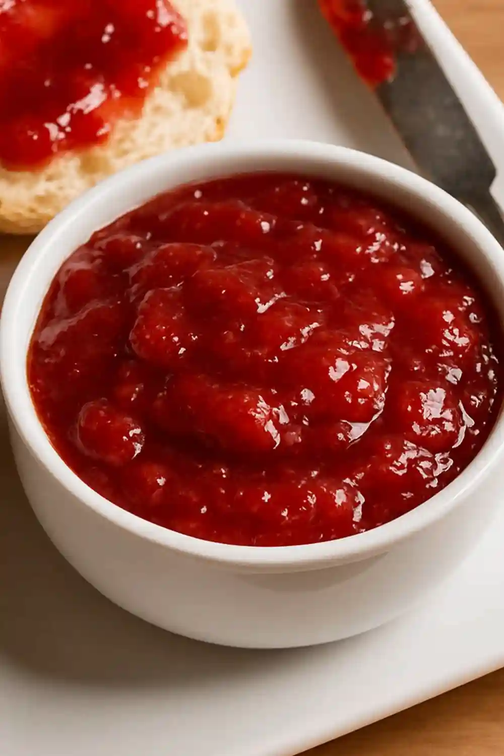 Homemade strawberry rhubarb jam in a clean, minimal setting, highlighting its glossy, fruity appearance.