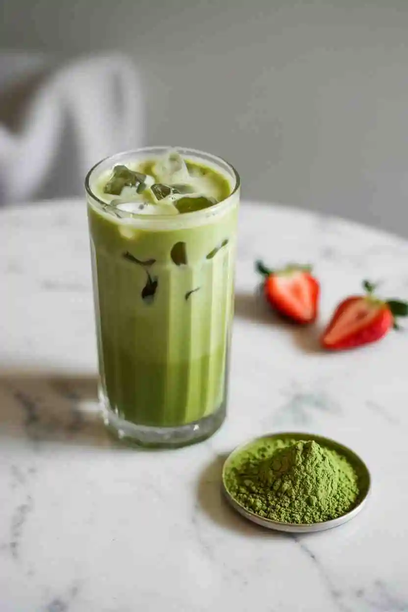 Overhead shot of frothy matcha latte with strawberry swirls in a glass, garnished with fresh fruit on a wooden table.