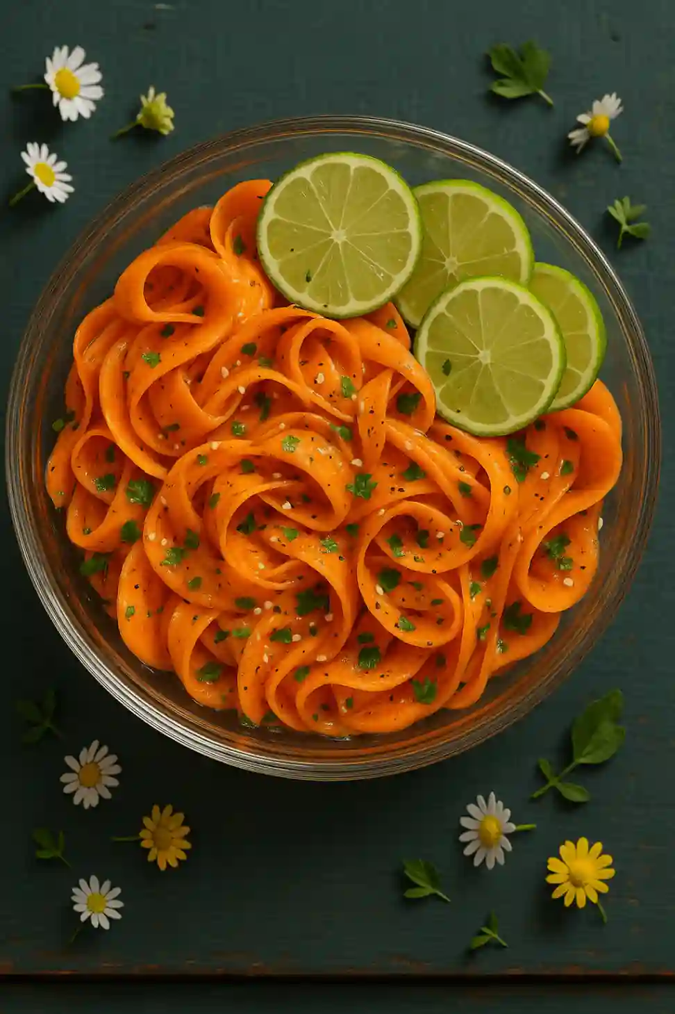 bird’s-eye image captures a vibrant carrot ribbon salad