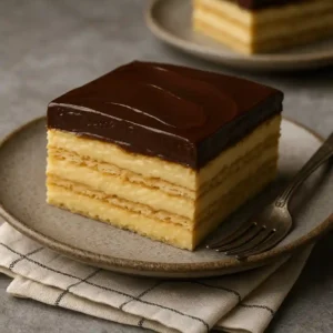 eclair cake with layers of graham crackers, creamy vanilla pudding, and rich dark chocolate frosting on a white serving dish.