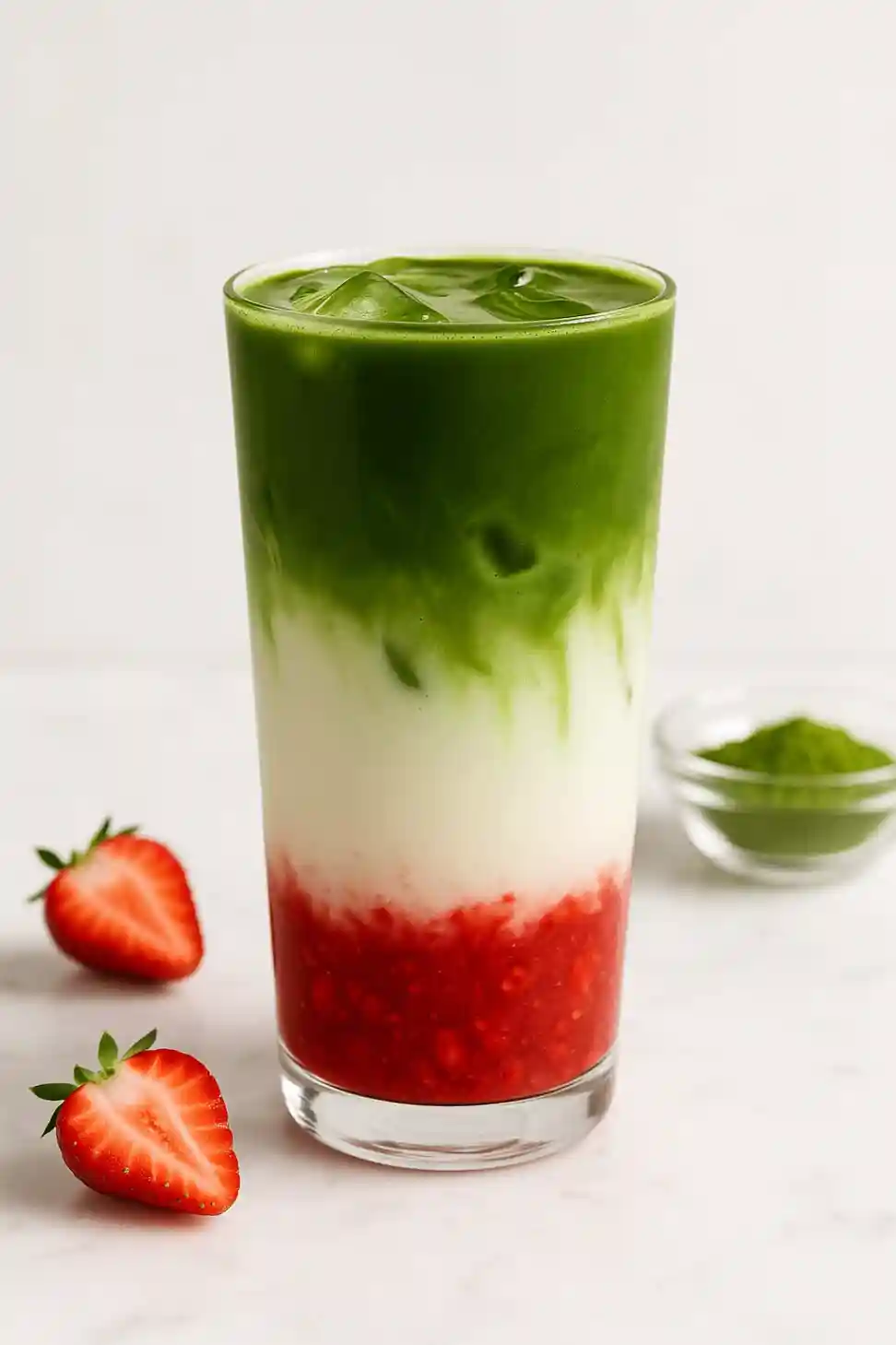 homemade strawberry matcha latte in a clear glass