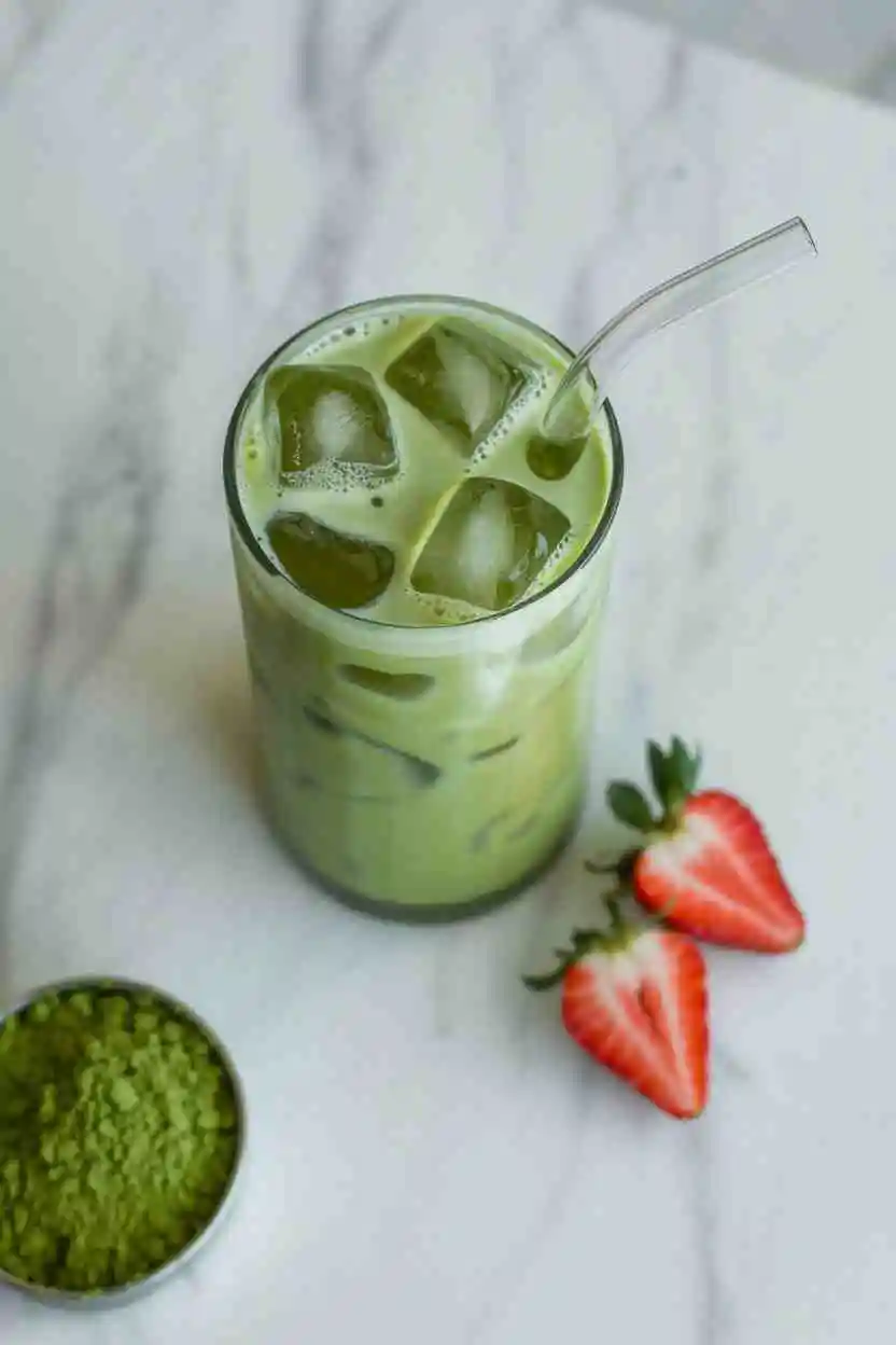 layered strawberry matcha latte in a clear glass with fresh strawberry garnish on marble surface.