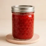 single glass jar filled with vibrant homemade strawberry rhubarb jam