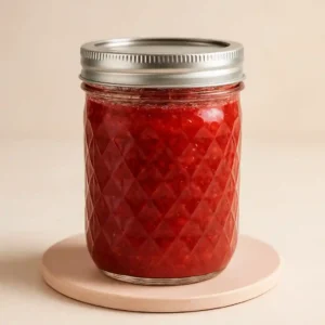 single glass jar filled with vibrant homemade strawberry rhubarb jam